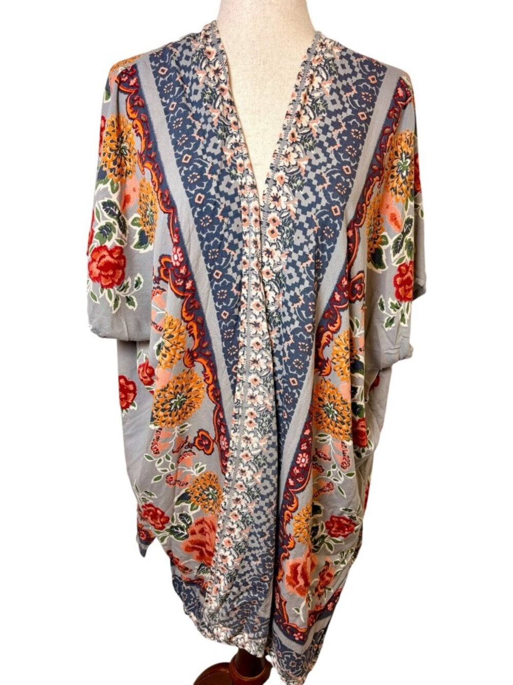 Angie Gray Blue Yellow Floral Mixed Print Open Front Kimono Cardigan Size Small